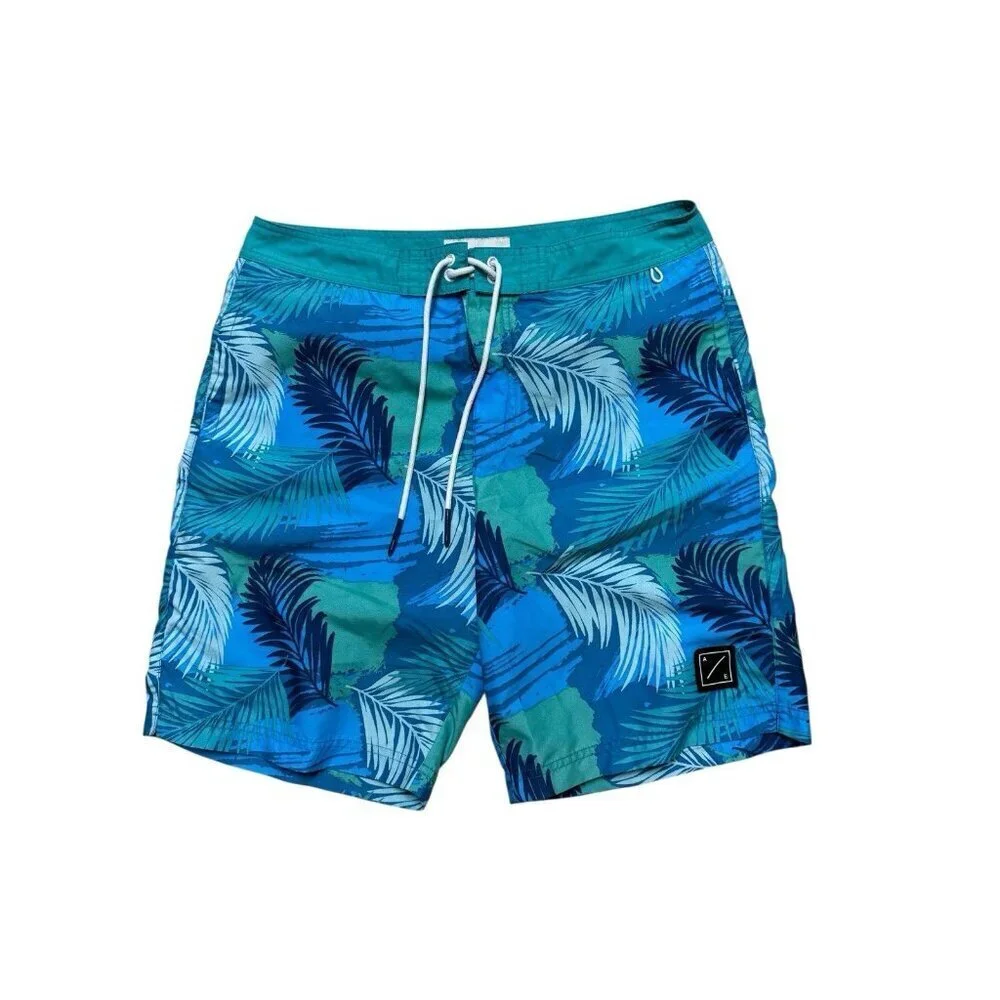 American Eagle Mens M Blue Tropical Swim Trunks 9” Inseam